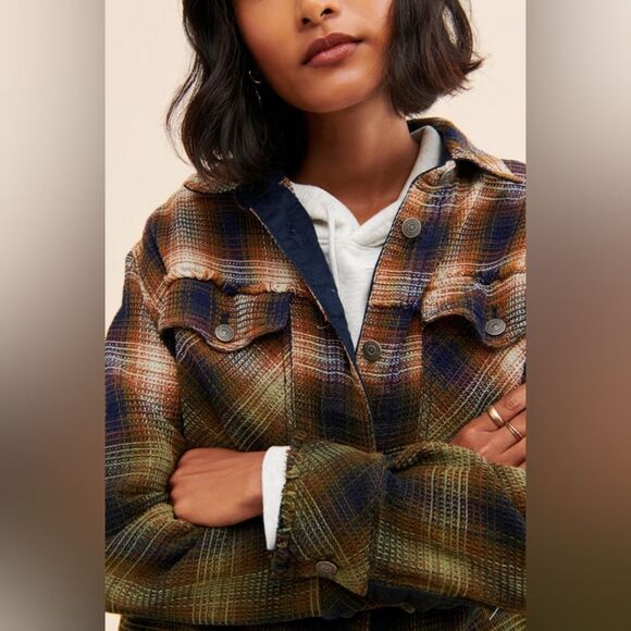 We the Free Anneli Plaid Shirt Jacket Shacket Tobacco Ombre Free People | Sz M - Picture 15 of 15